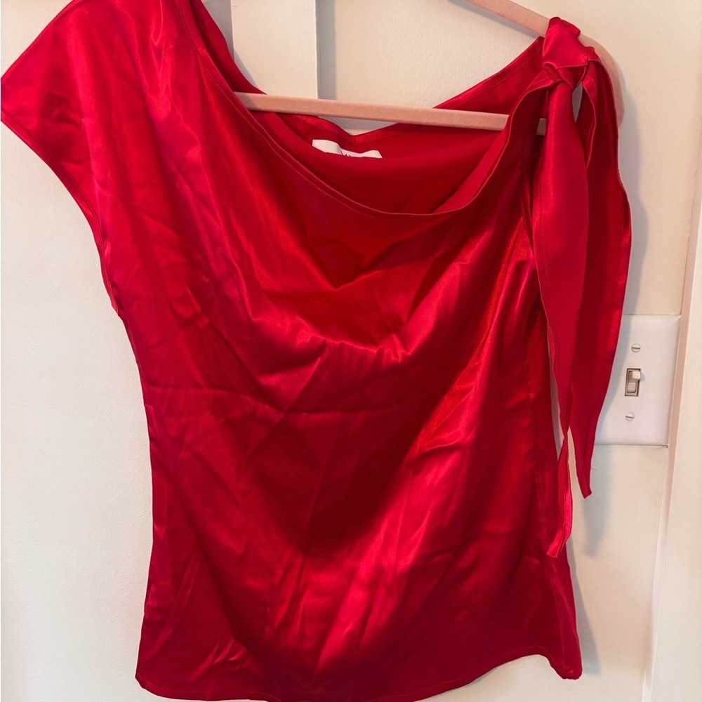 Red Satin One Shoulder Camisole XS Tie Strap Dressy Top